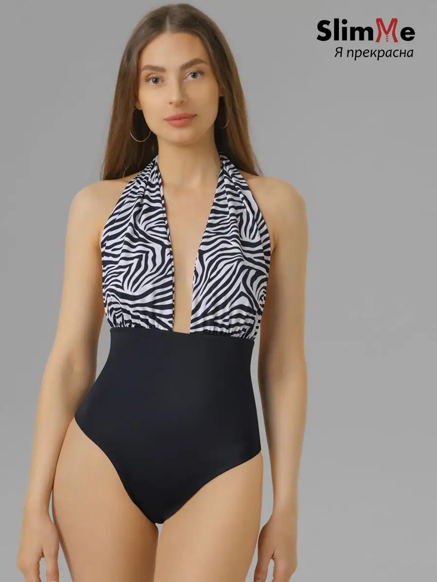 Купальник слитный утягивающий черный/белыйузор